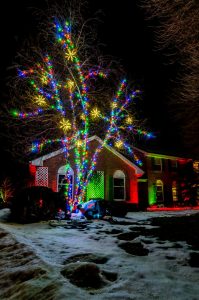 This is a photo of tree lights with hanging snowflakes.